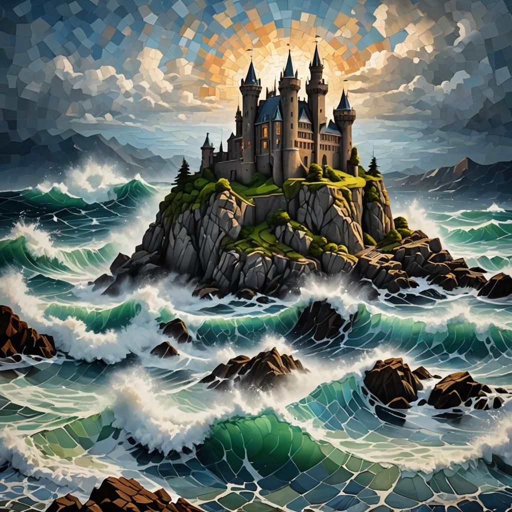 Crashing Waves Against Castle Island, Mosaic Style