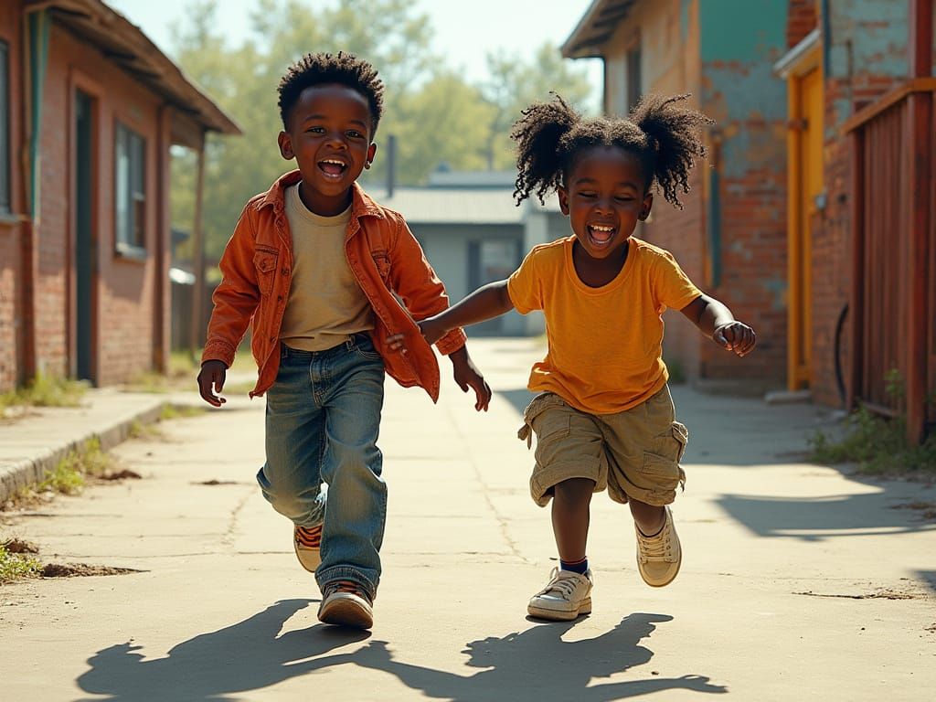 Joyful Black Children Play in Vibrant Schoolyard Scene, Insp...