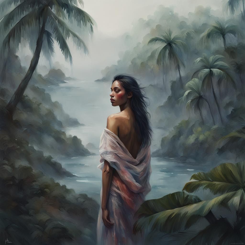 Polynesian Woman on Misty Island in Dreamy Aquarelle Style