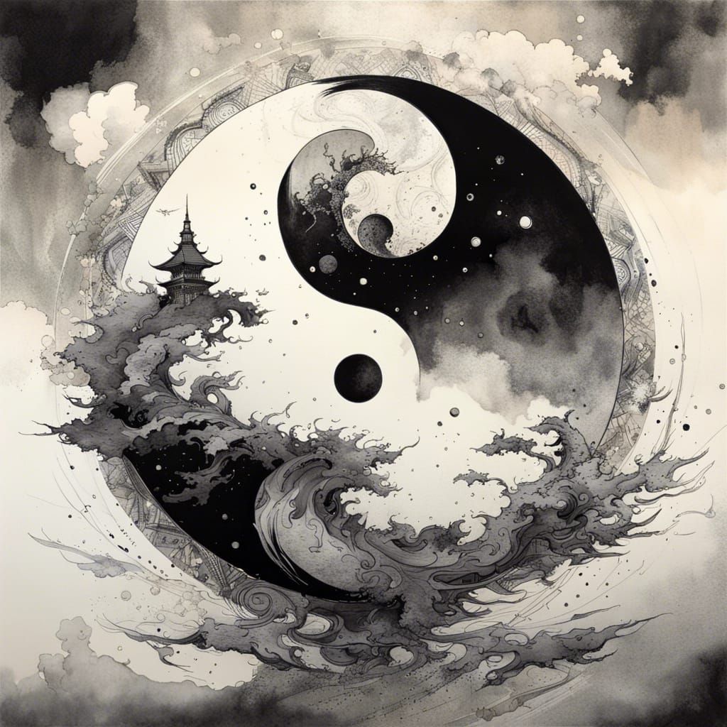 Yin Yang Mandala Ink Drawing in Black and White