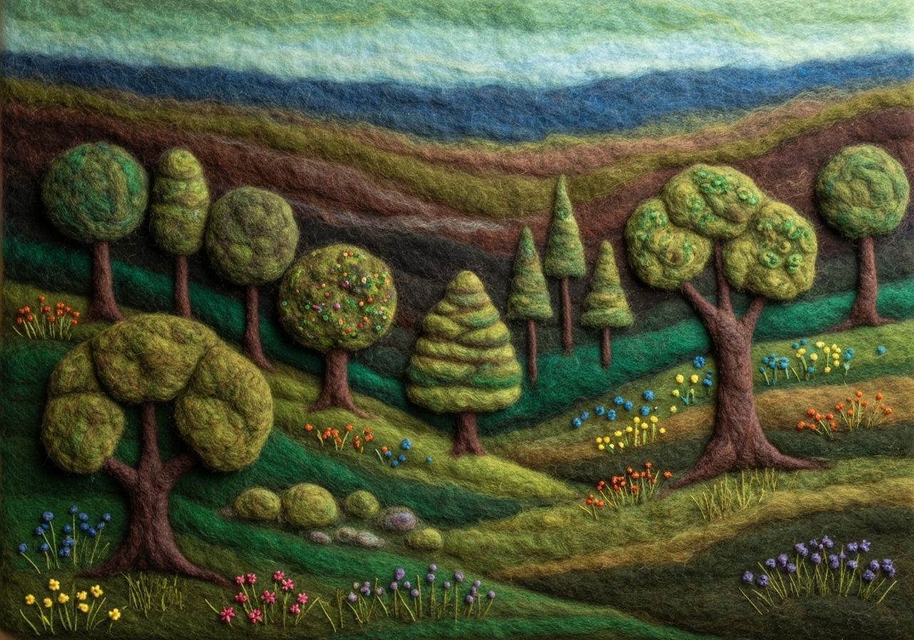 Colorful Woolen Forest Landscape with Felting Texture