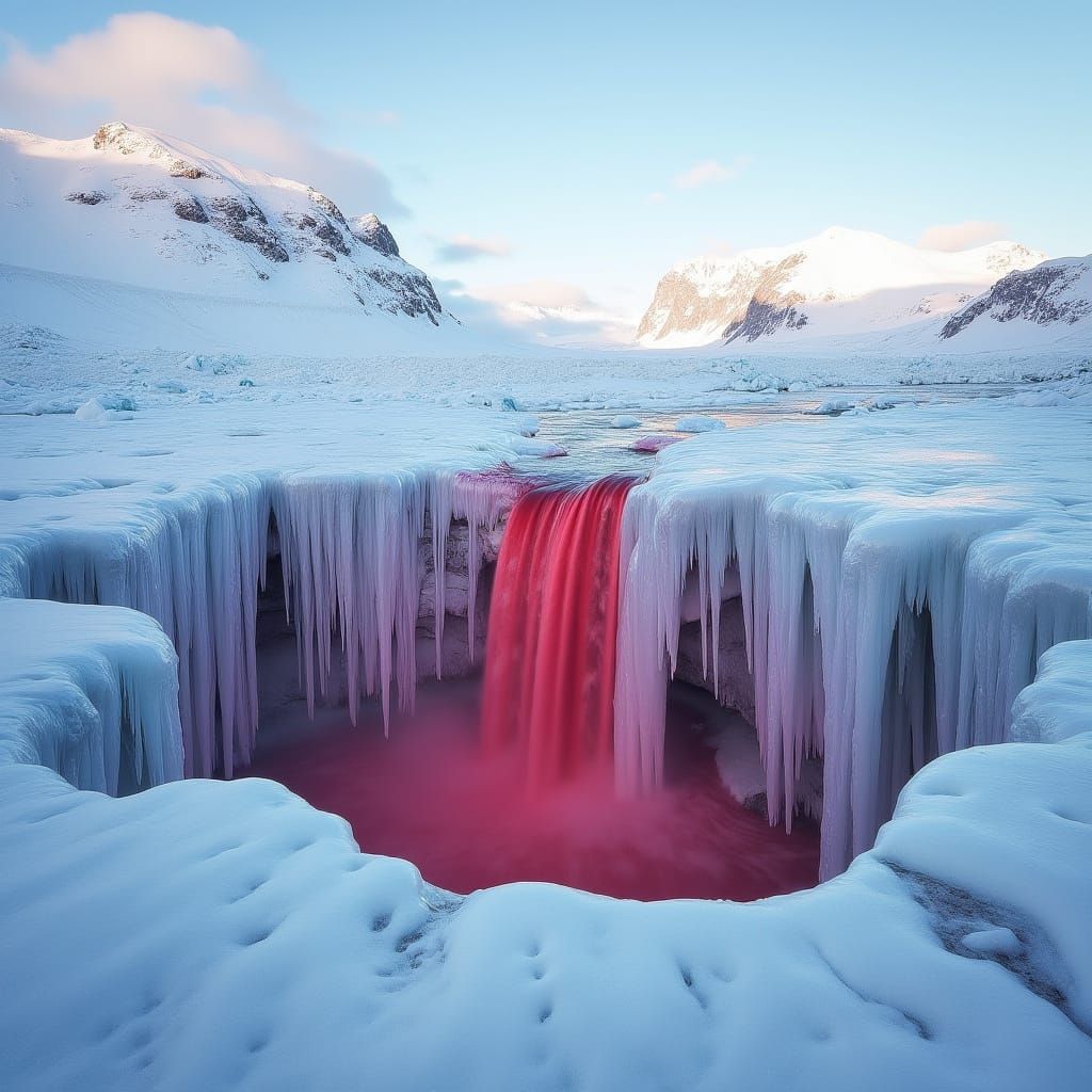 Glowing Red Waterfall in Antarctic Wilderness