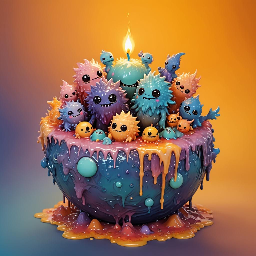 Chibi Monsters on Melting Candle Wax Planet