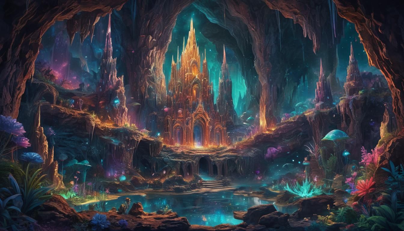 Astral City in Crystalline Cave: Visionary Digital Art