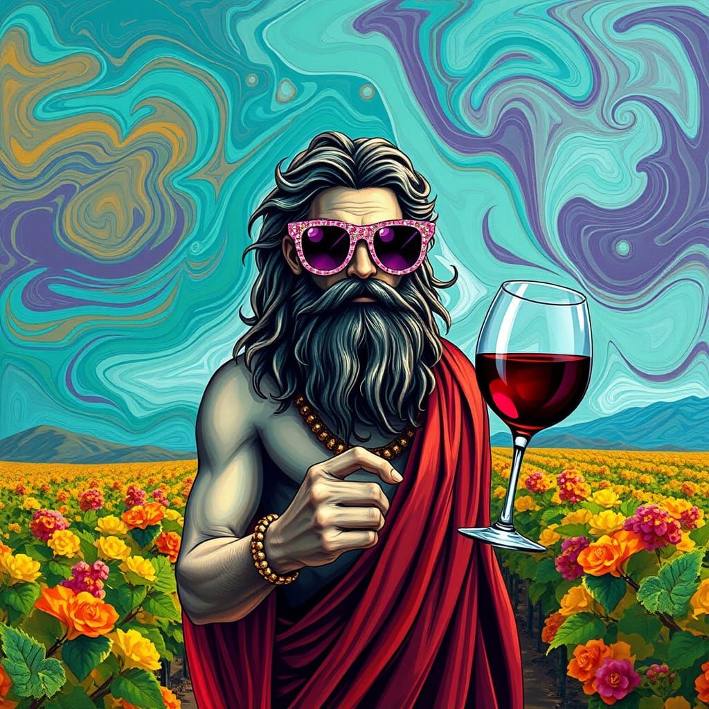 Vibrant Dionysus God of Wine Wears Purple Sunglasses in Lush...