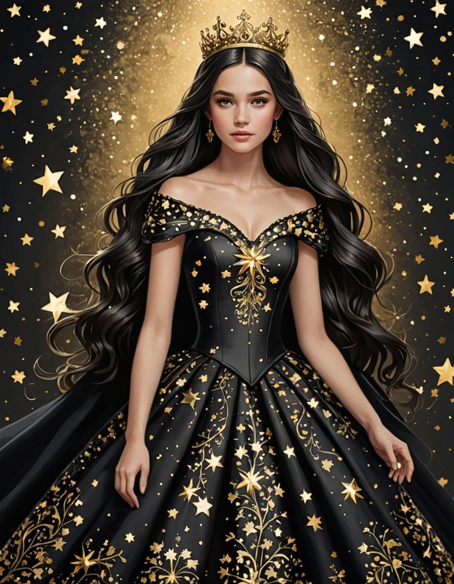 Beautiful Princess with Long Black Hair in Starry Dress