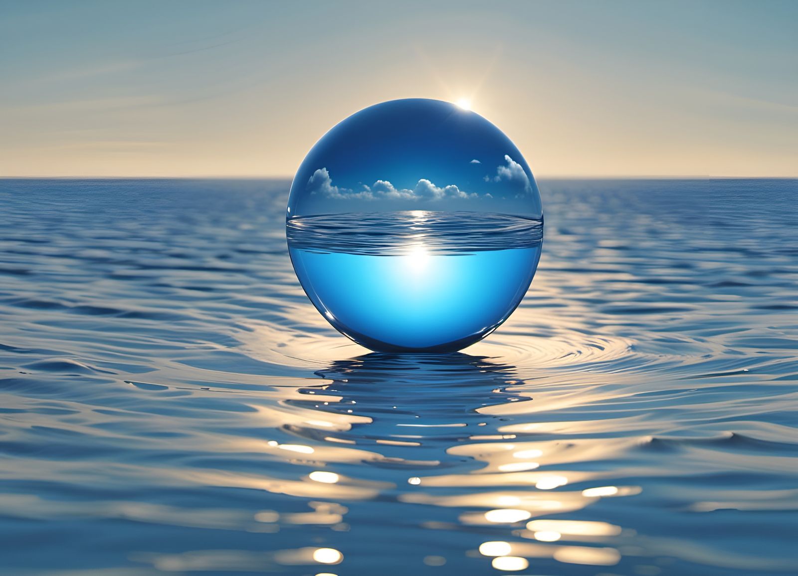 Reflective Blue Sphere Floating on Sparkling Blue Sea