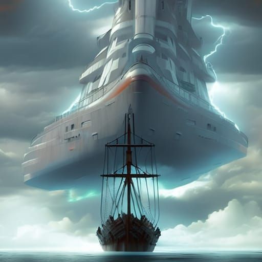 Stormy Sea Wooden Ship, Realistic 3D Render