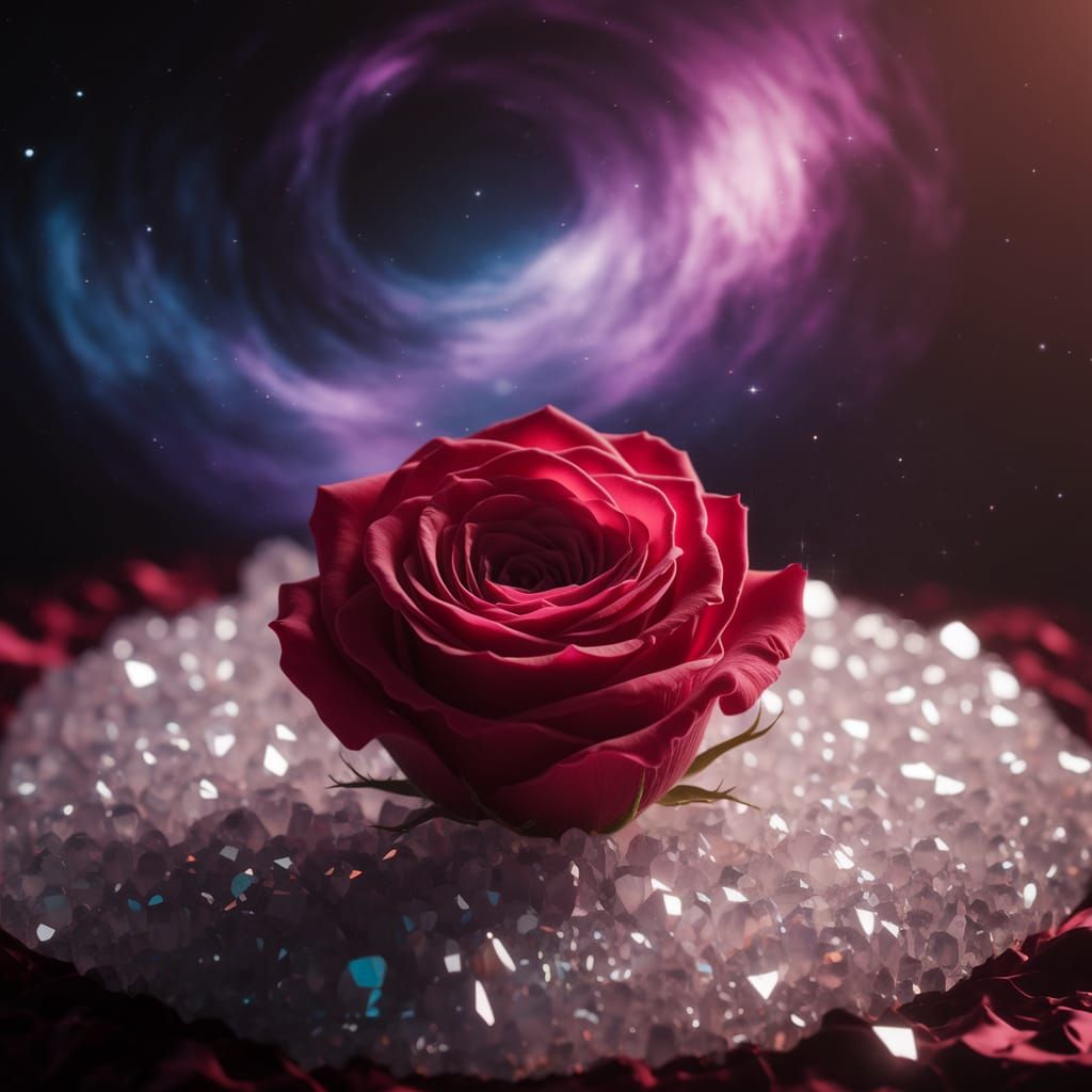Crimson Rose on Crystalline Bed in Cosmic Nebula