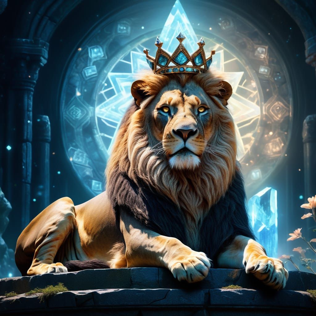 Regal Lion in Crystal Crown Overlooks Dreamscape