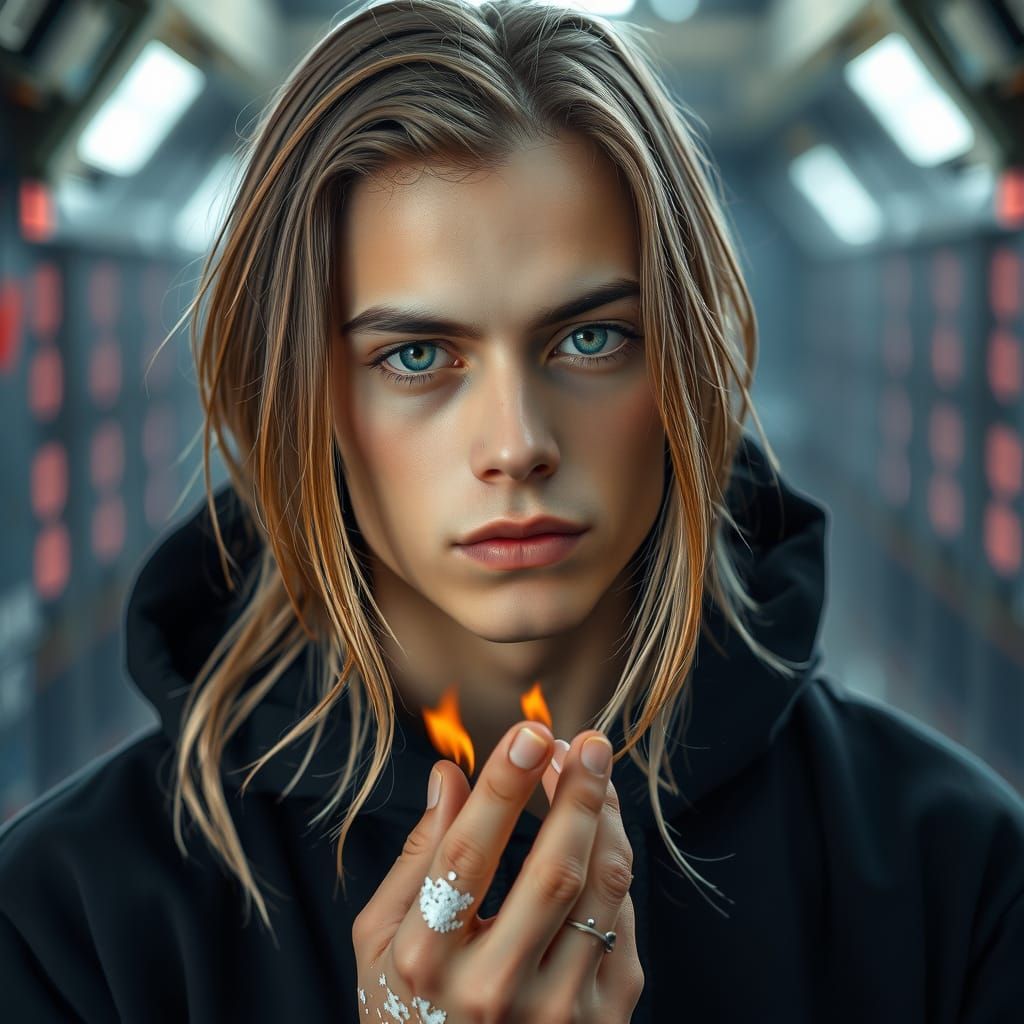 Heterochromatic Man with Ember Fingers, Ultra-Realistic Port...