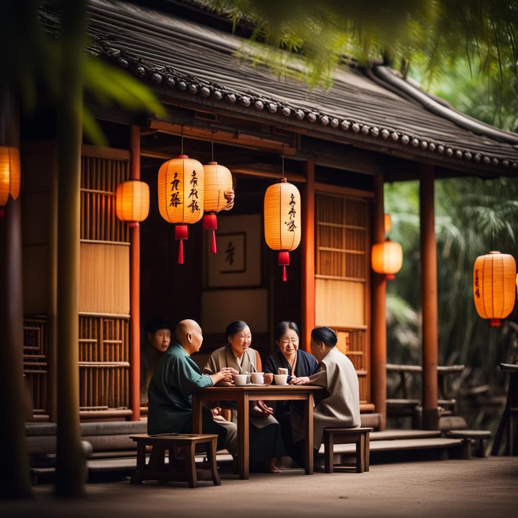 Vintage Tea House Scene with Bamboo and Lanterns