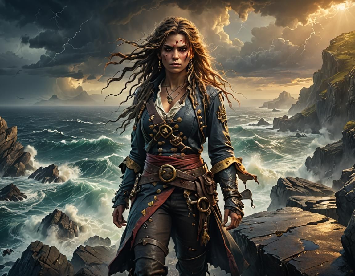 Scarred Pirate Queen Surveys Stormy Sea