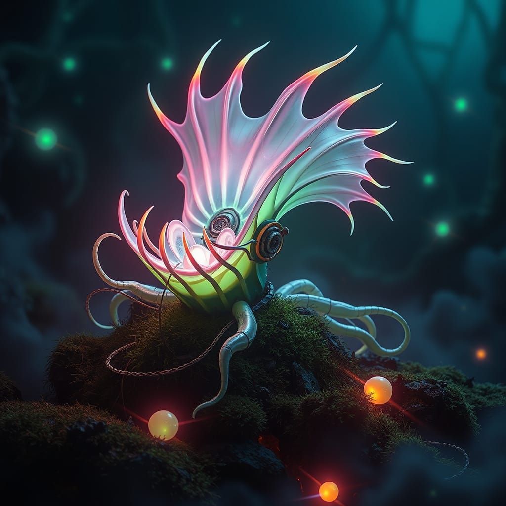 Bioluminescent Xeno Flytrap in Futuristic Biomechanical Styl...