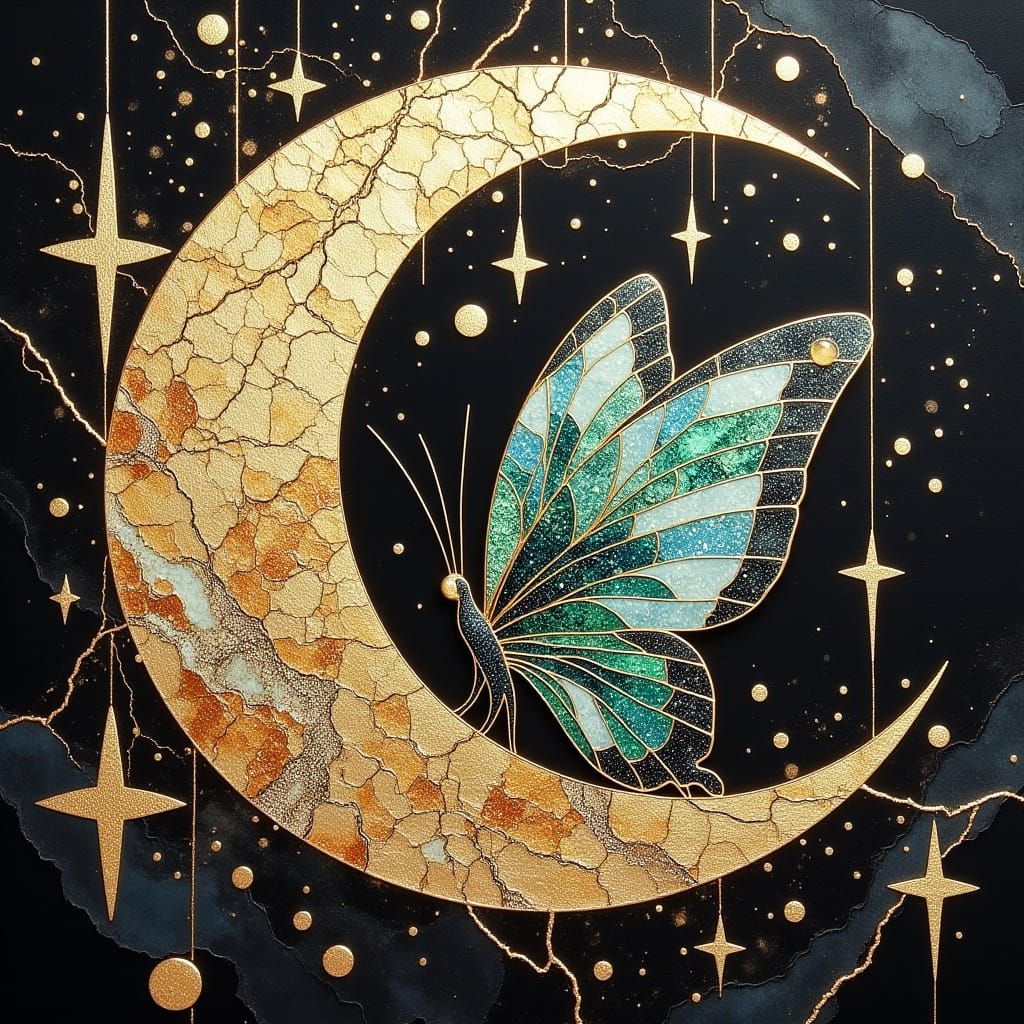 <lora:Cloisonne:1.0> <lora:divineOil:1.0> stained glass butterfly and a beautiful cloisonne crescent moon with dangling ...