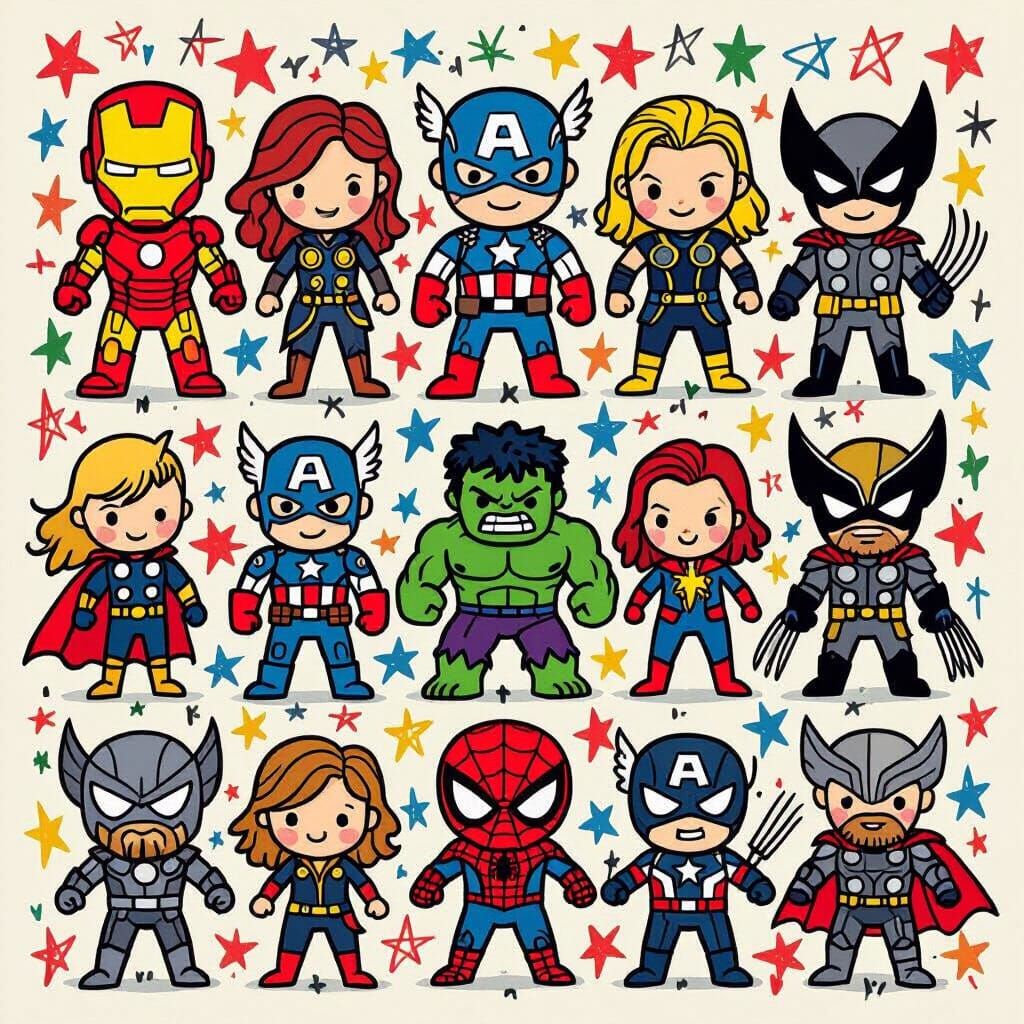 Marvel Heroes & Villains in Childlike Stick Figure Art Style