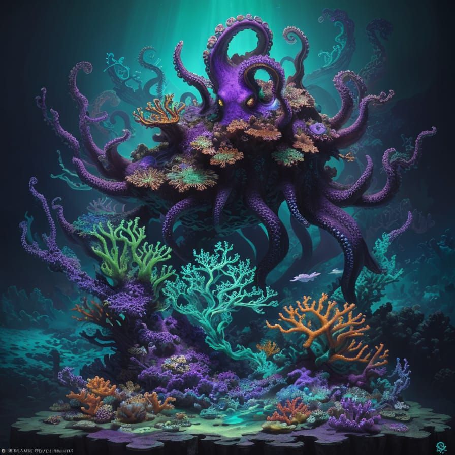 Bioluminescent Octopus Swims Through Vibrant Coral Reef