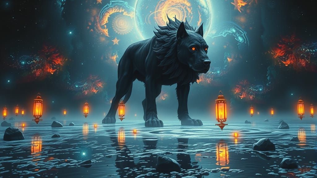 Ancient Cosmic Mastiff Guards Galactic Pond Digital Painting