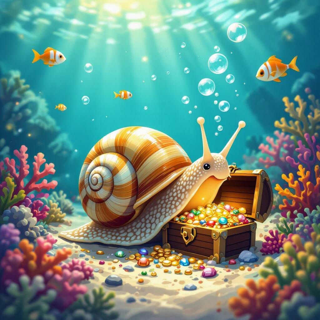 Snail's Deep-Sea Treasure Discovery in Cartoon Style