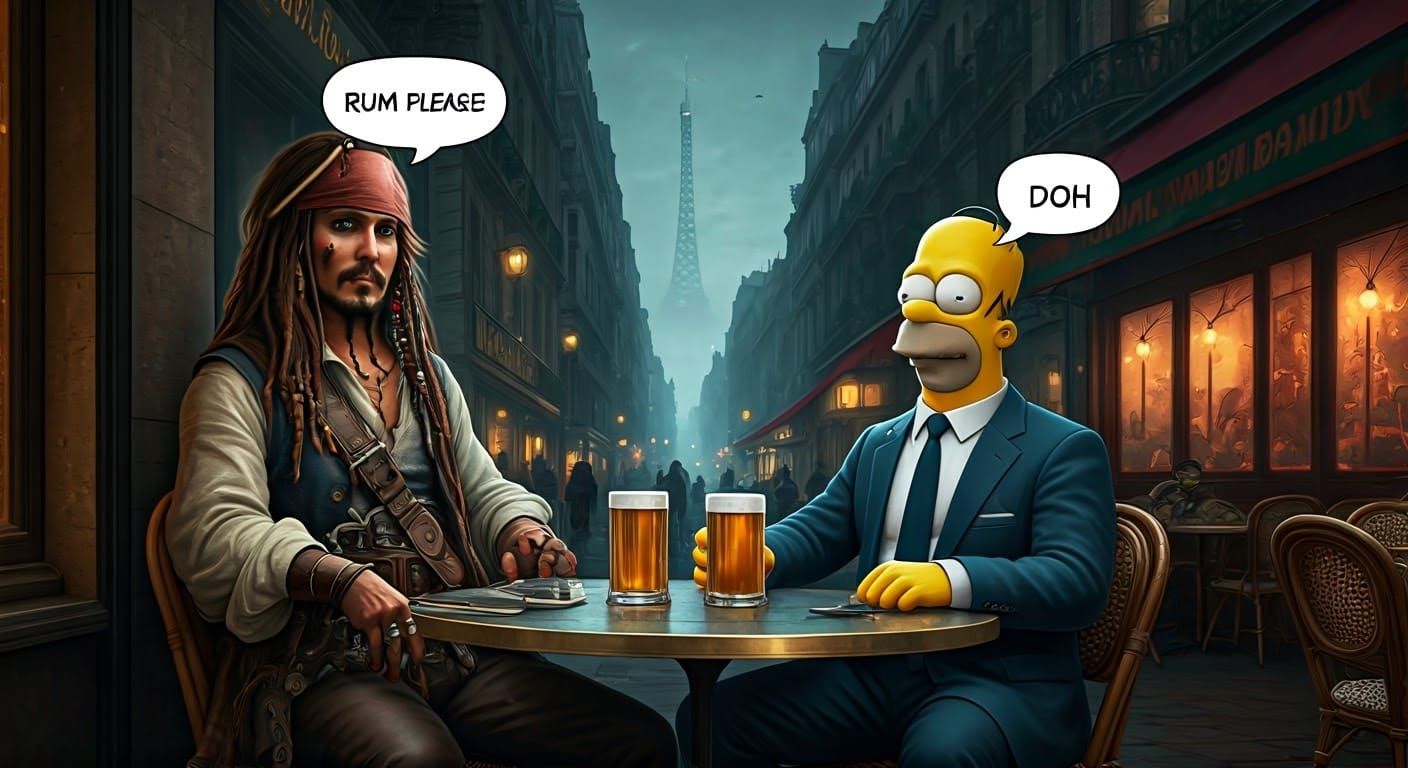 "Captain Jack Sparrow and Homer Simpson doing Paris
