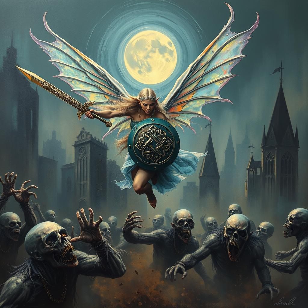 Fairy Elf Warrior vs Zombie Horde in Dystopian City