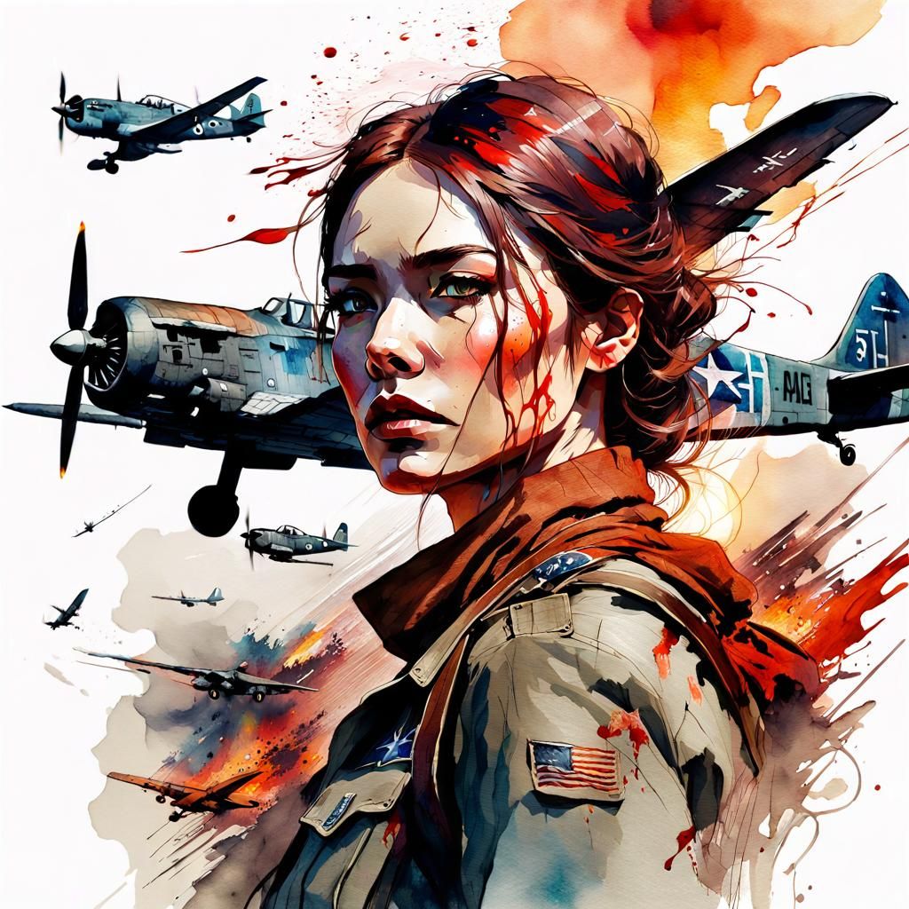 WWII Pilot in Bloody Sunset: Watercolor Art