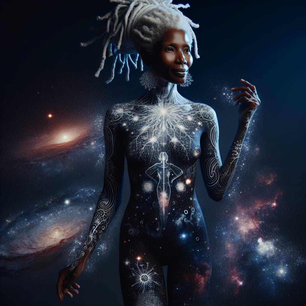 Cosmic Goddess with White Locs in Ukiyo-e Style