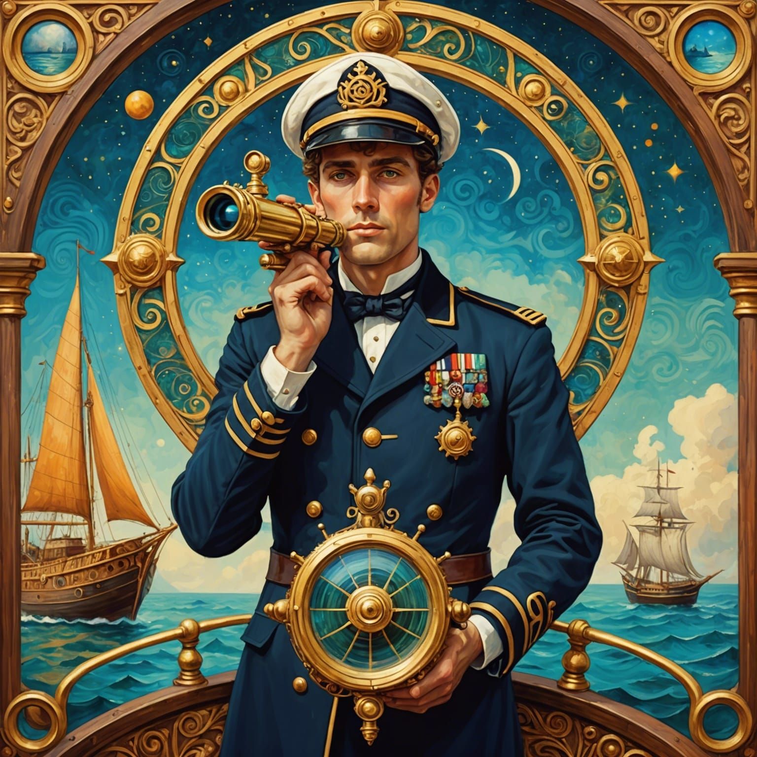 Ship Captain with Telescope in Art Nouveau Style
