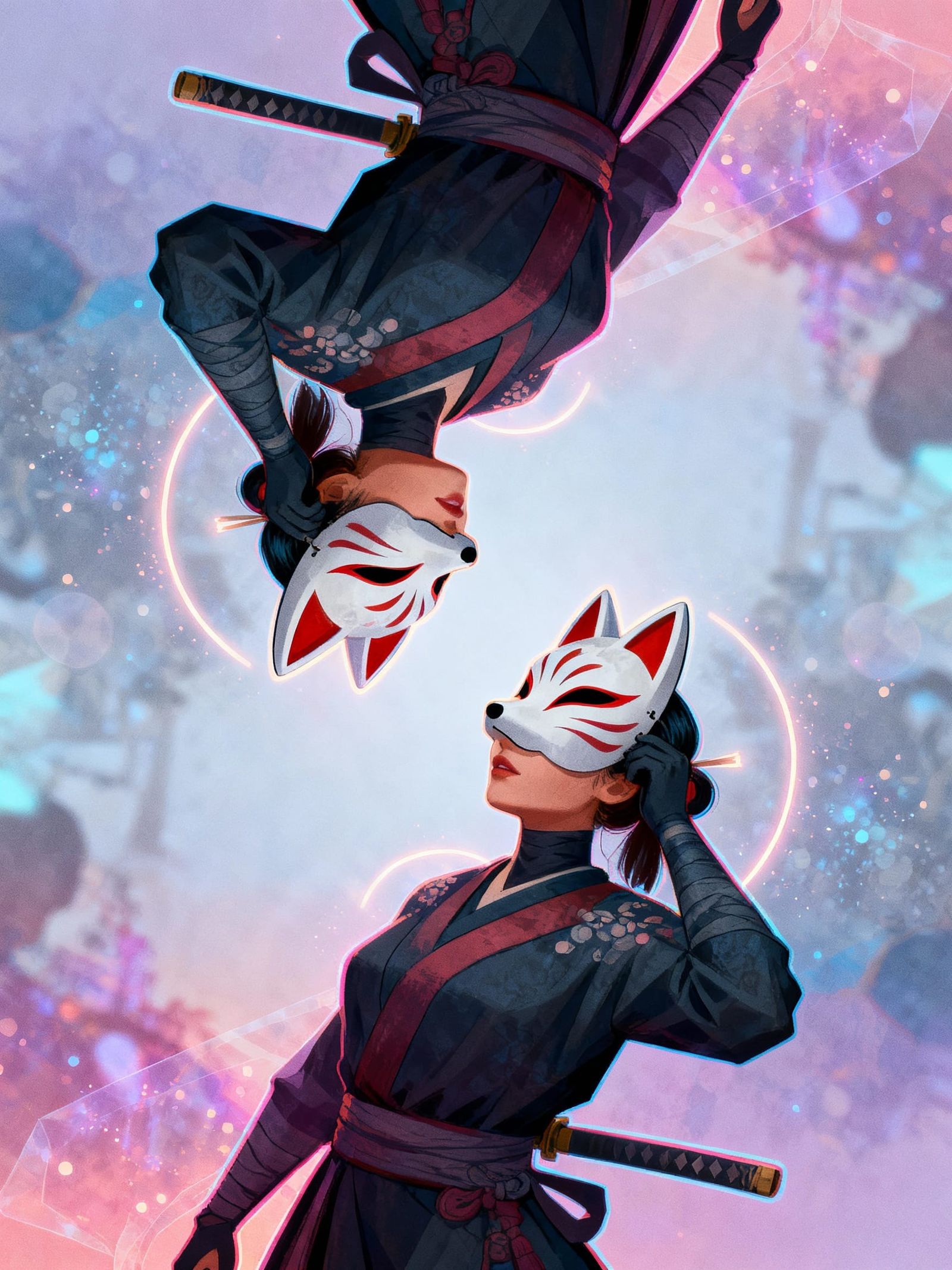 Two Ninjas with Kitsune Masks in Dreamlike Setting