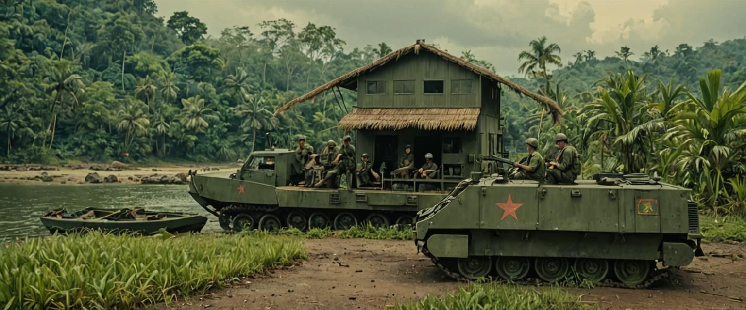 Vietnam War Armored Vehicle on Dock: Cinematic Film Still