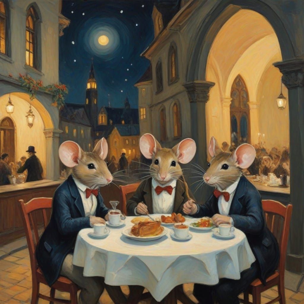 Whimsical Church Mice in a Night Cafe Scene
