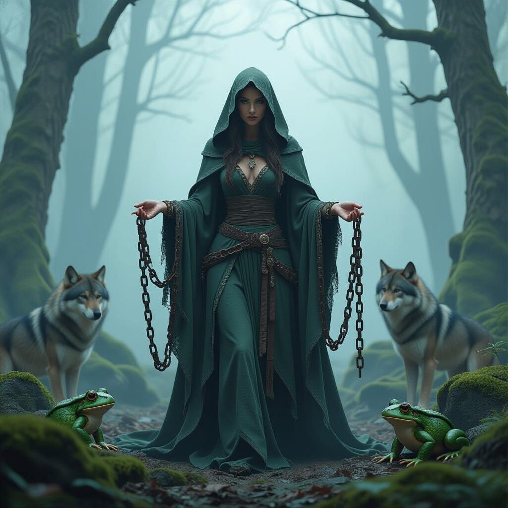 Mystical Woman Breaks Chains in Foggy Forest