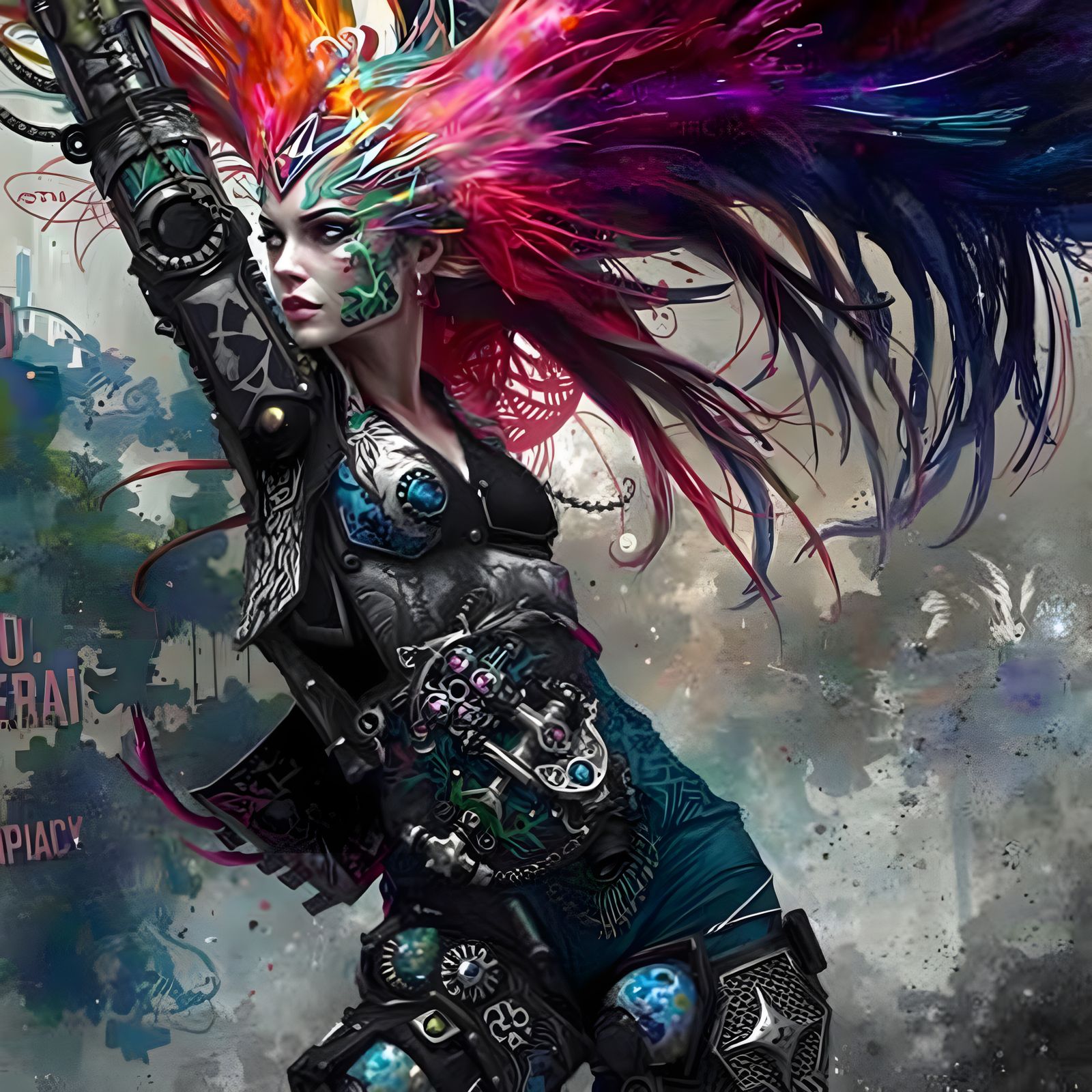 Cyberpunk Watercolor Masterpiece with Fractal Iridescence