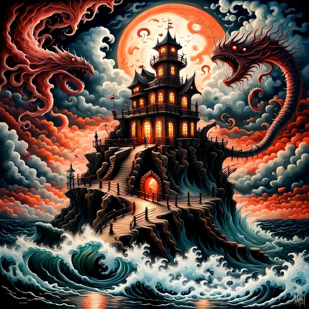 Sea Monsters Attack Watchtower in Pop Surrealism Style