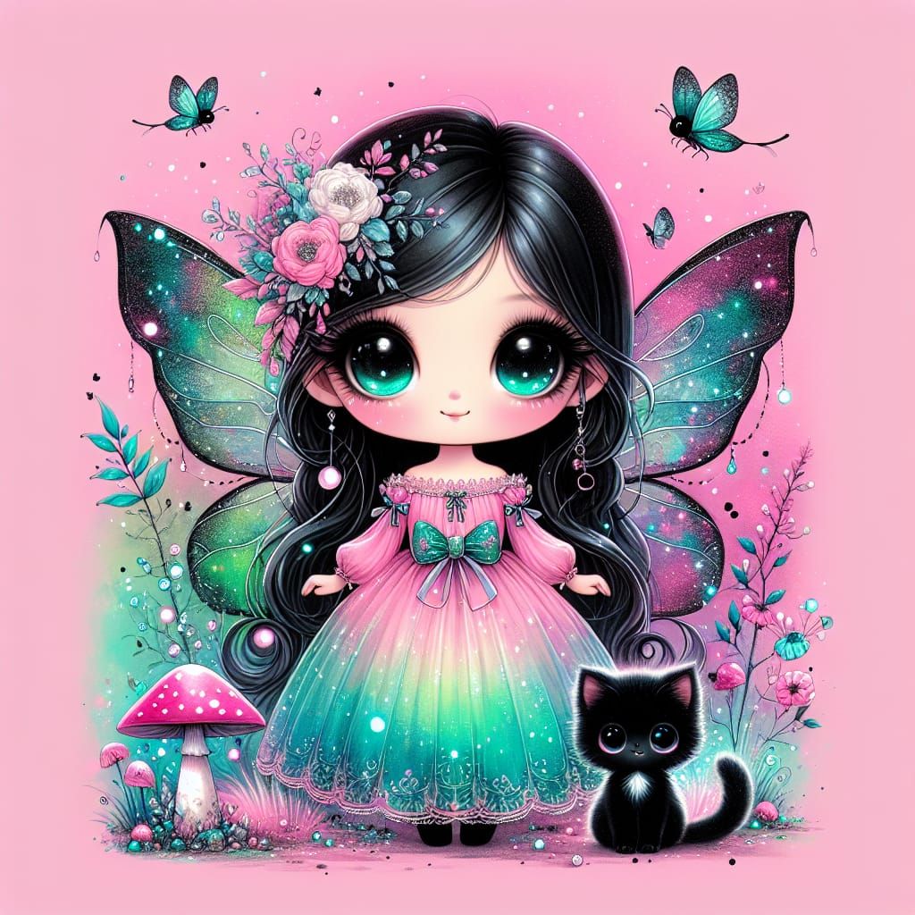 Whimsical Fairy with East Asian Descent and Adorable Kitten