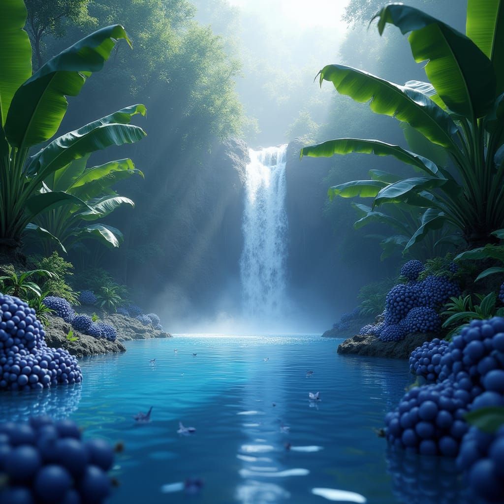 Vibrant Blueberry Waterfall in Lush CGI Landscape