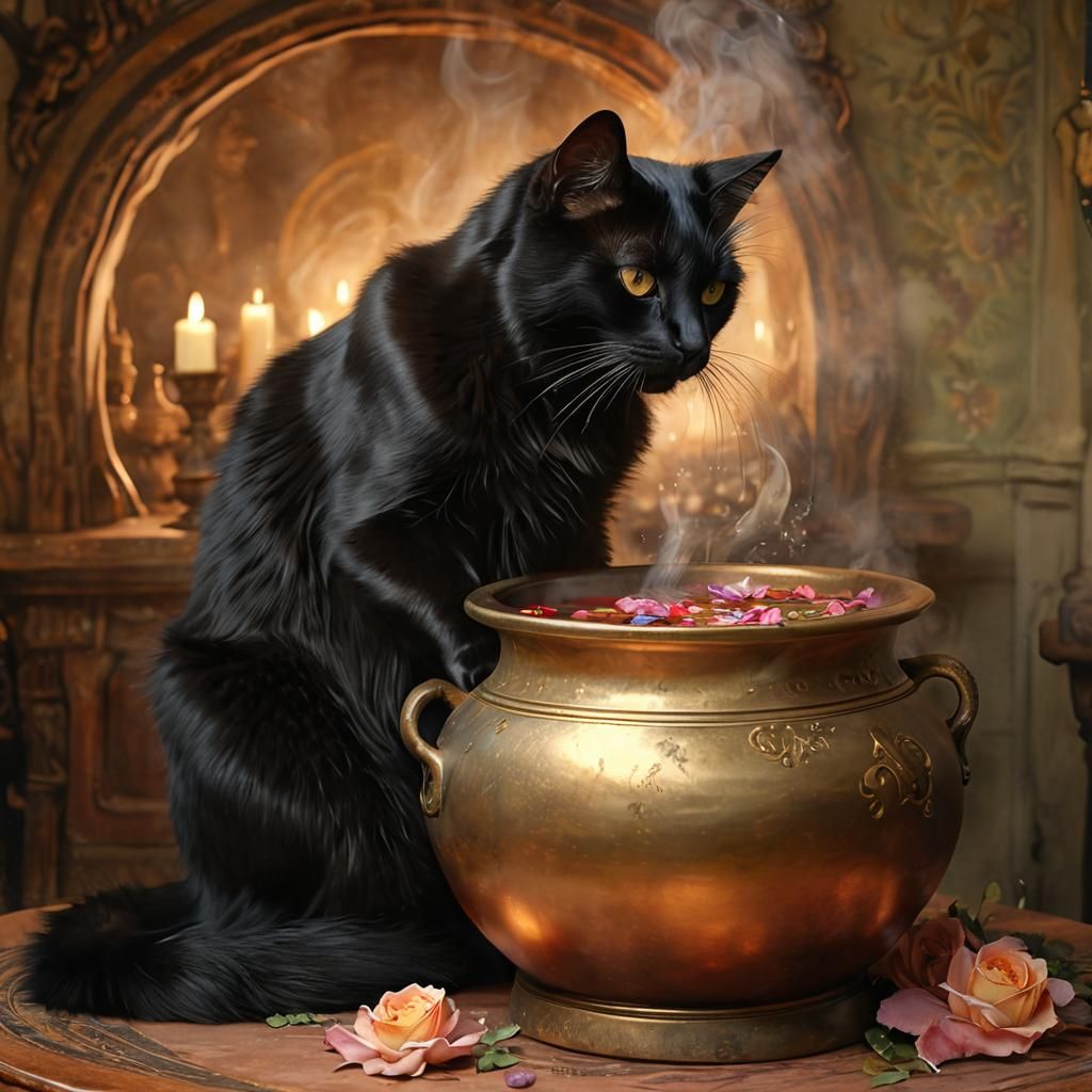 Black Cat Brewing Potion in Pre-Raphaelite Style