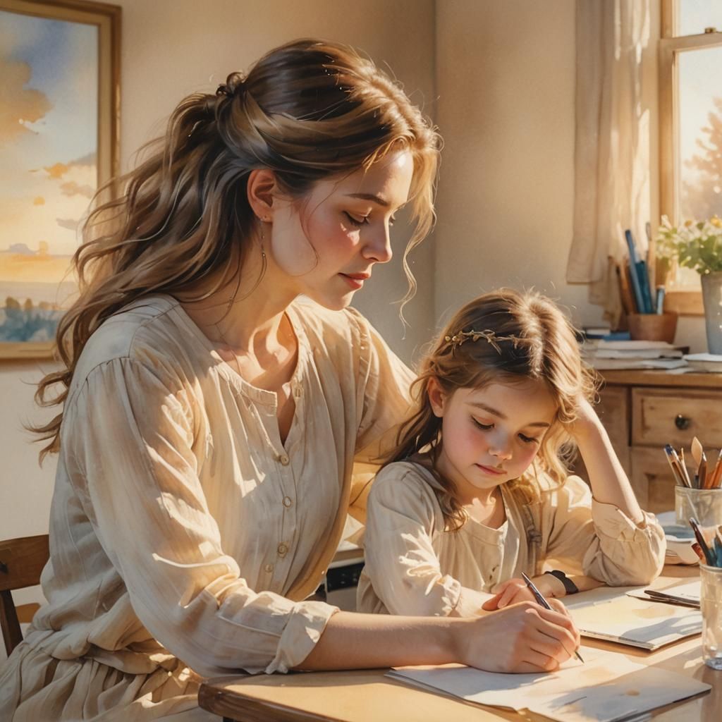 Tender Moment: Child and Mother in Watercolor Style