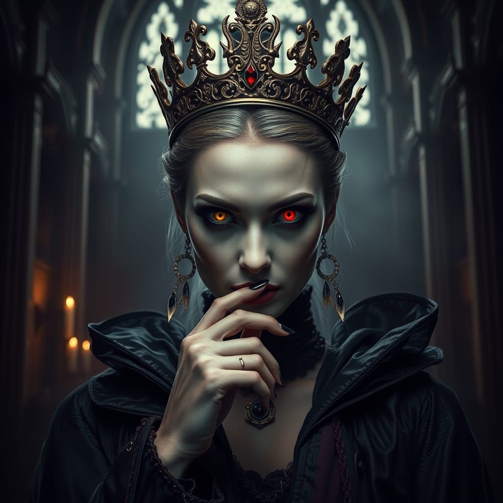 Regal Vampire Queen with Unsettling Gaze, Haunted Cathedral