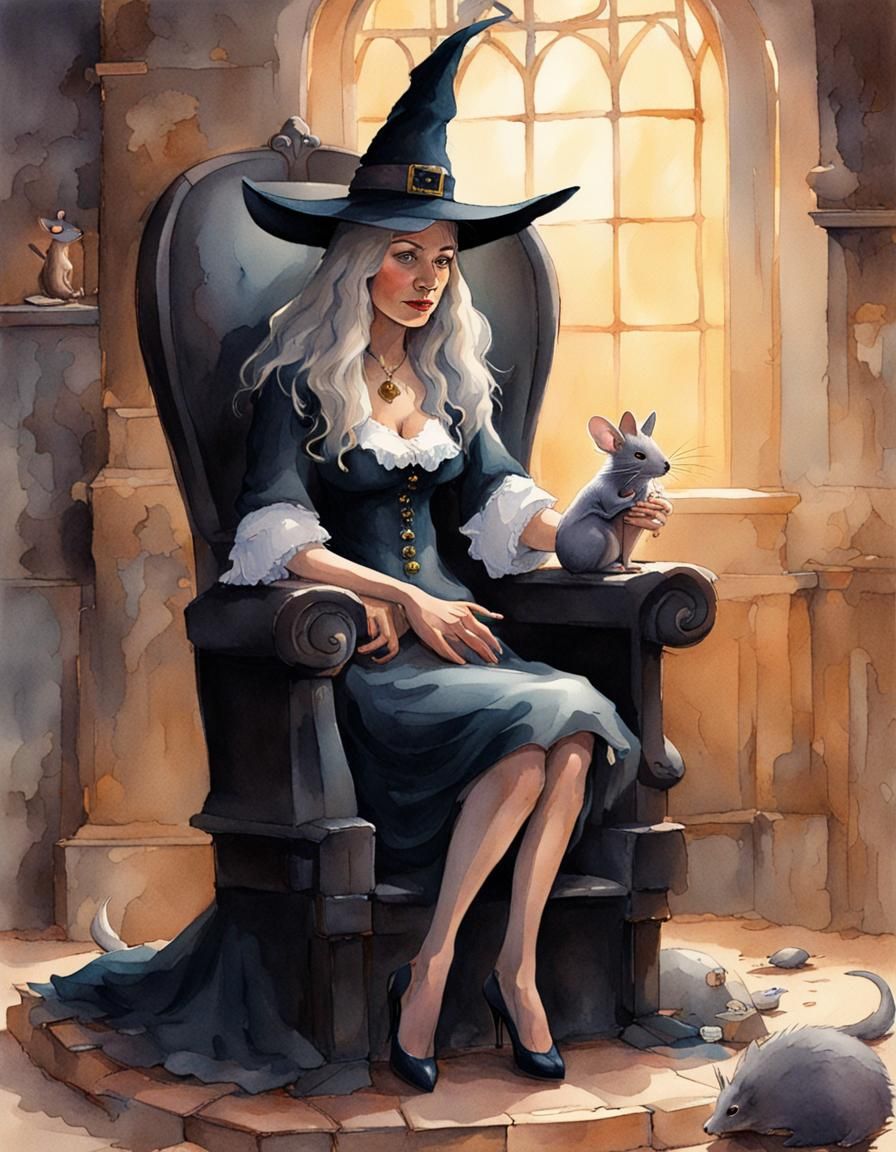 Charming Mouse Witch on Throne, Watercolor Illustration