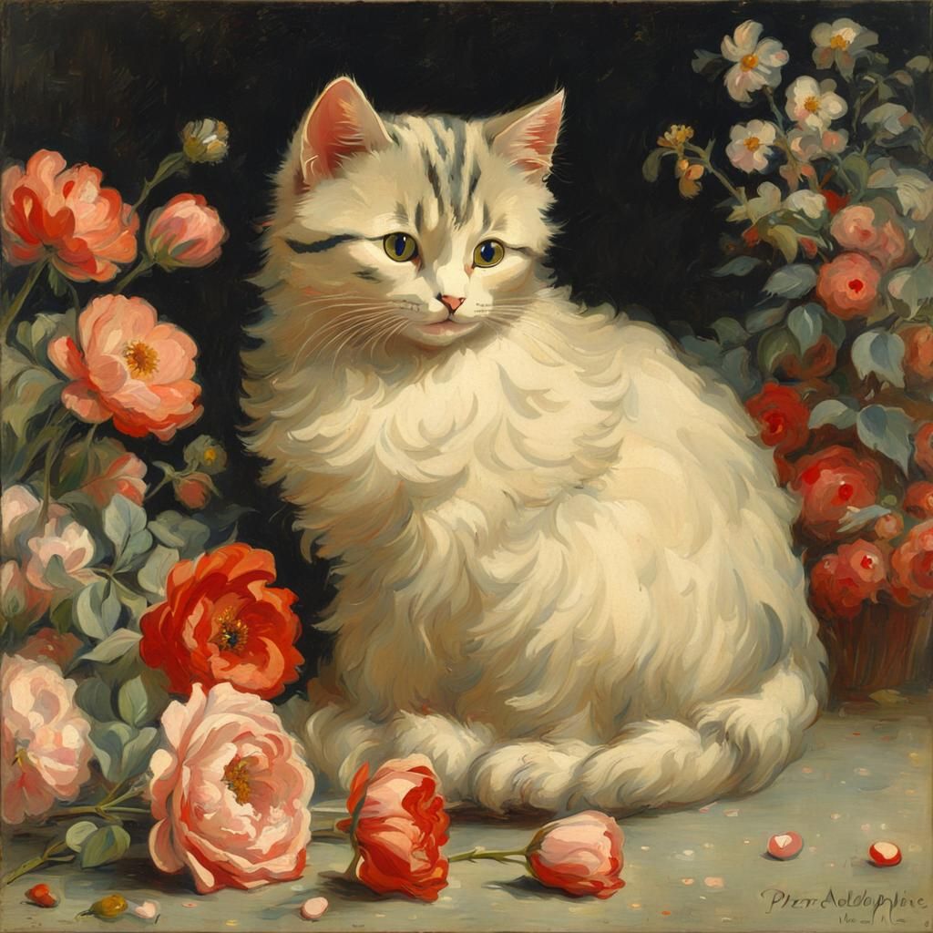Impressionist Cat Amidst Whimsical Blooms