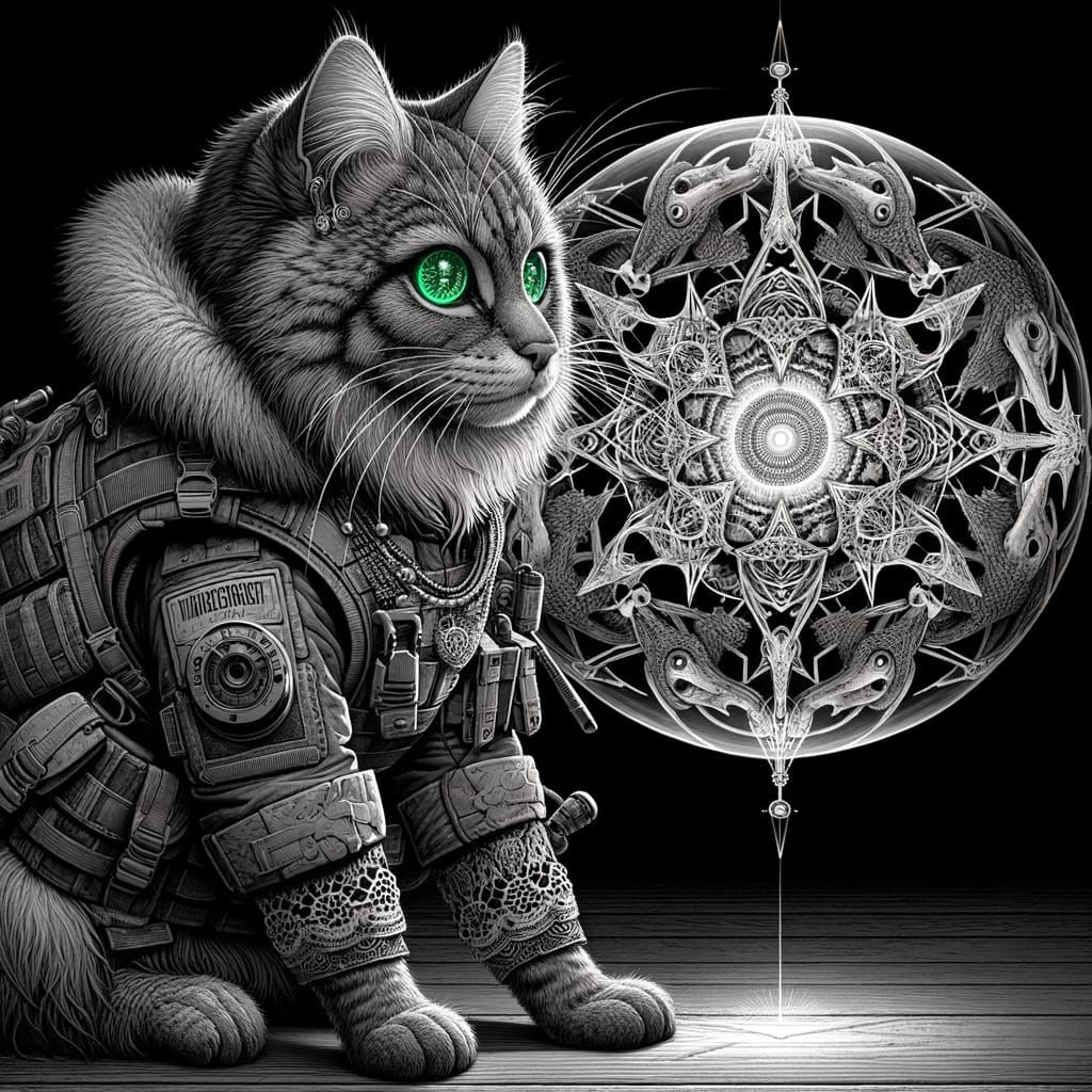 Anthropomorphic Cat Performs Optical Illusions in Tactical G...