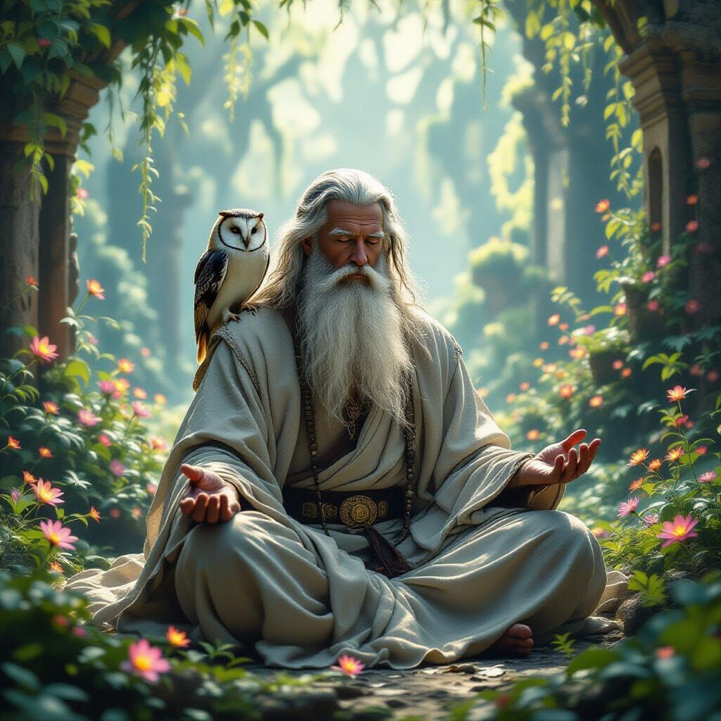 Sage Hermit Meditating in Mystical Realm