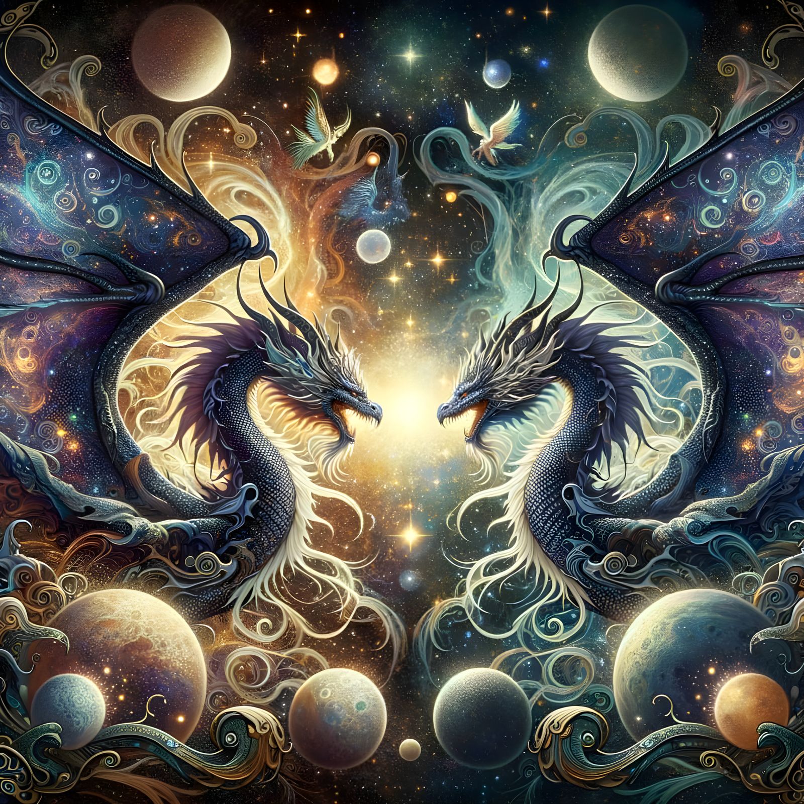 Celestial Dragons Face Off in Cosmic Art Nouveau