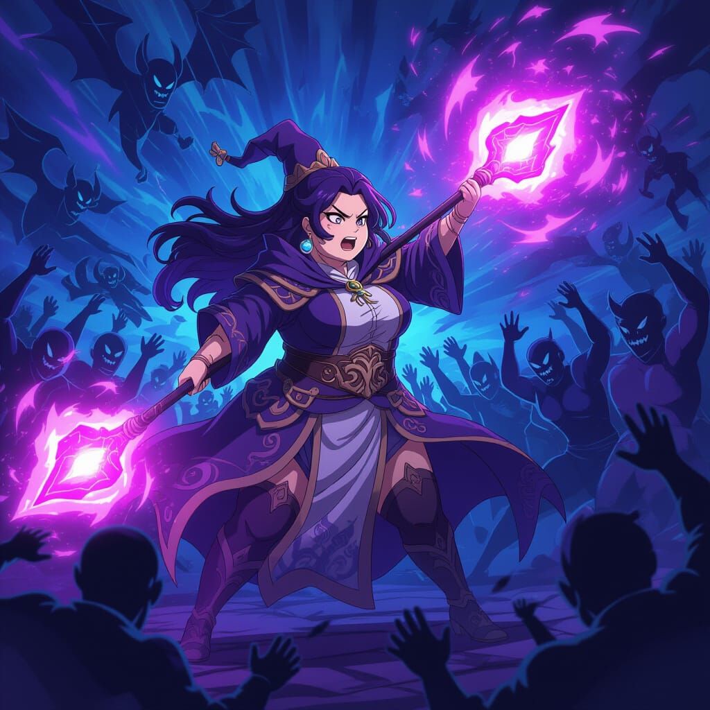 Chubby Anime Magician Fights Demons with Glowing Staff