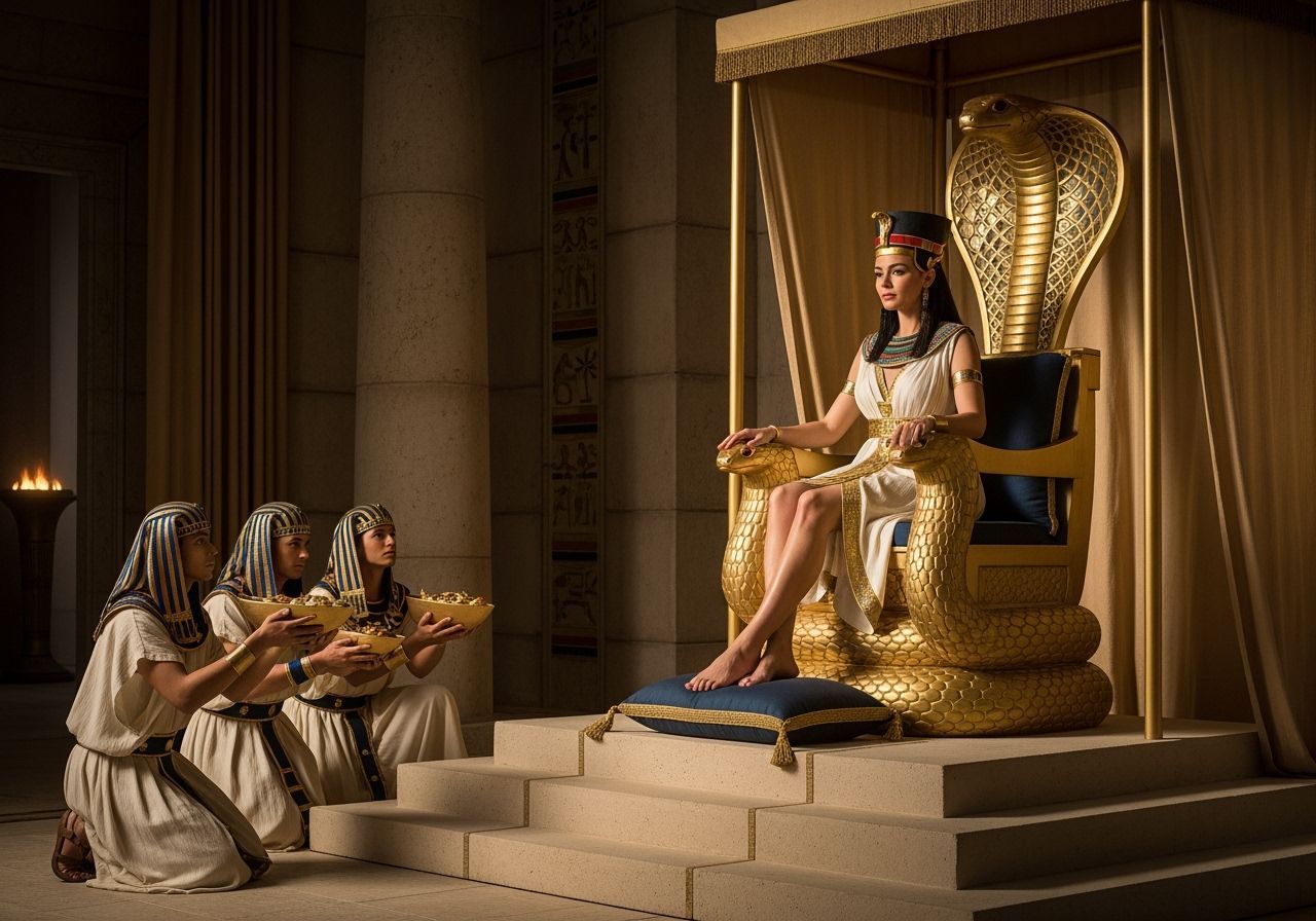 Egyptian Queen on Cobra Throne with Offerings