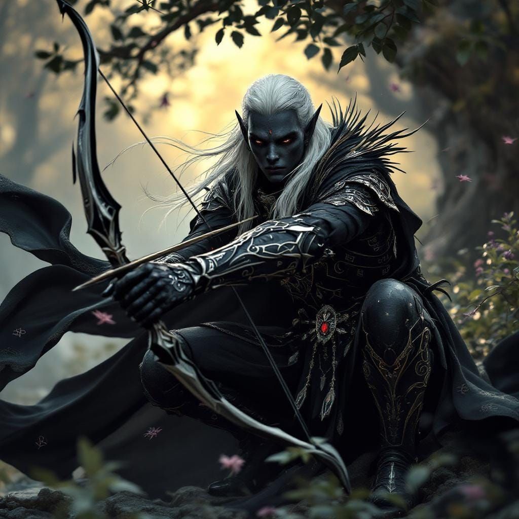 Elven Warrior in Gothic Armor with Drawn Bow