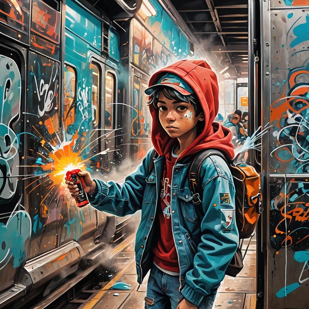 Boy Spraying Graffiti in Abstract Street Art Style
