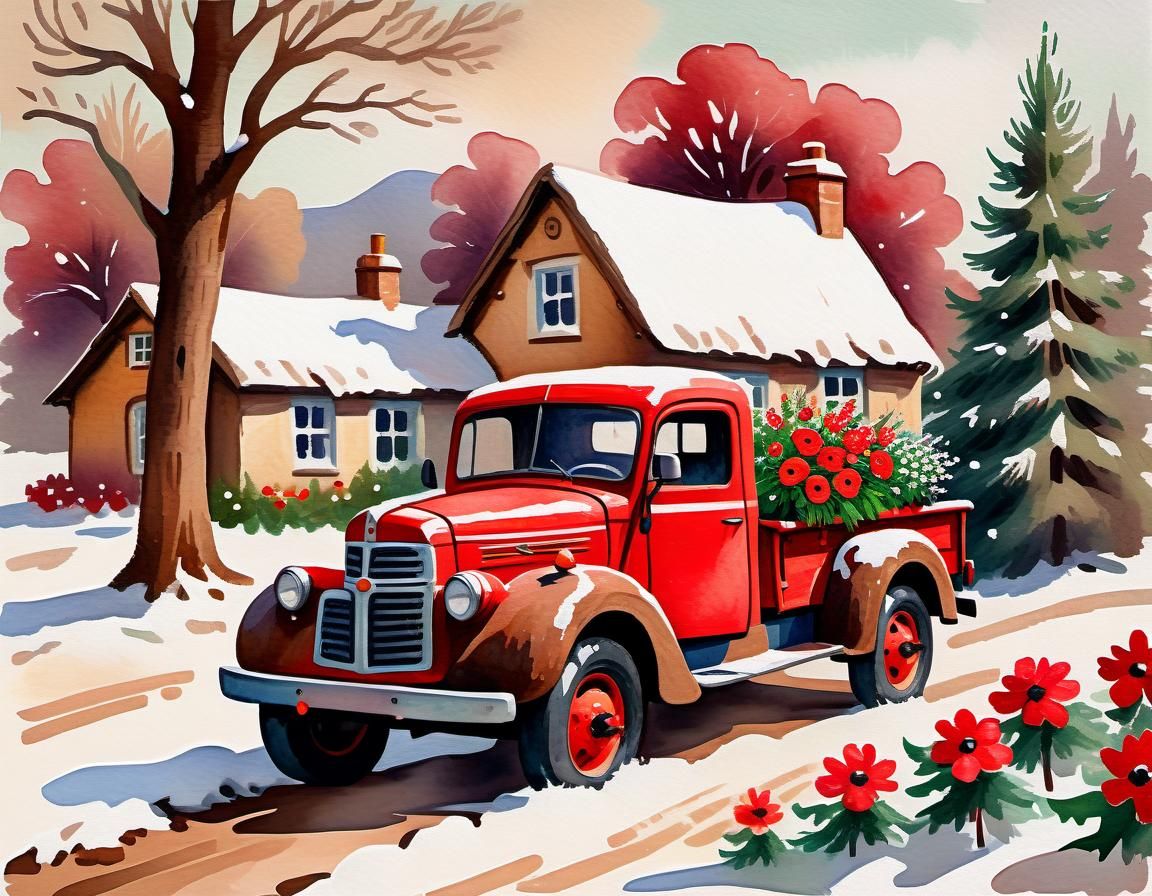 Red Vintage Truck with Flowers in Winter Landscape