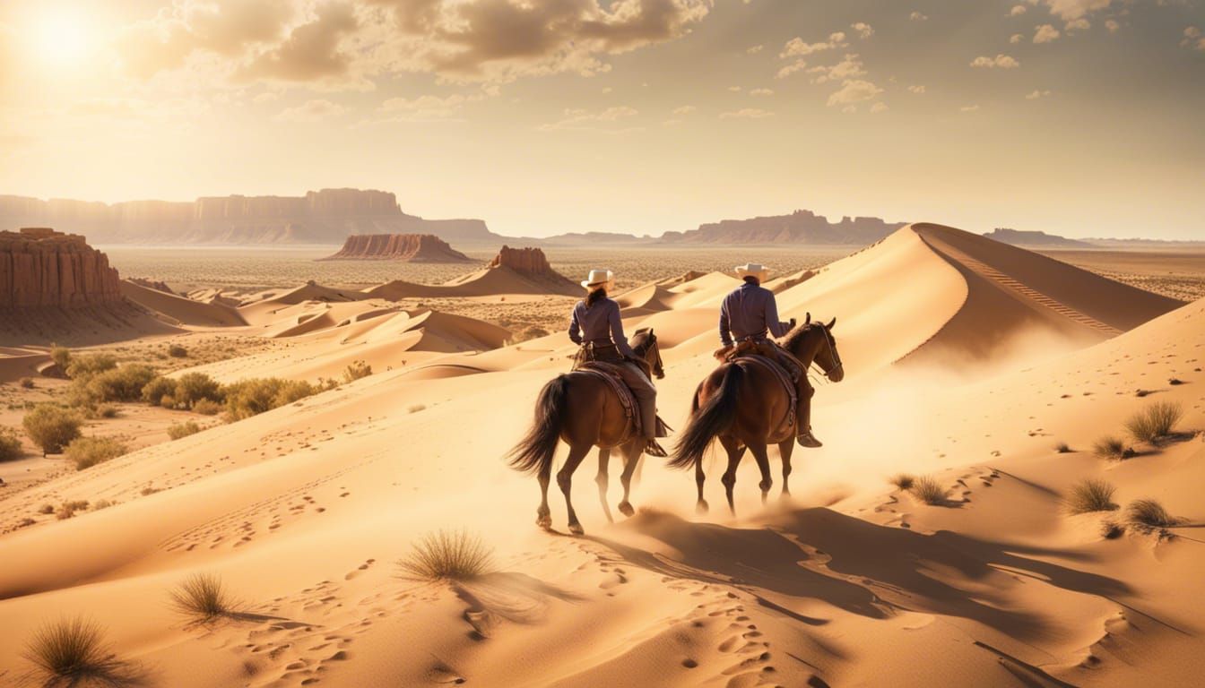 Cowboys' Desert Treasure Hunt in Wide Angle